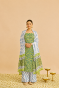 Rich cotton-printed designer suits paired with elegant chiffon dupatta.