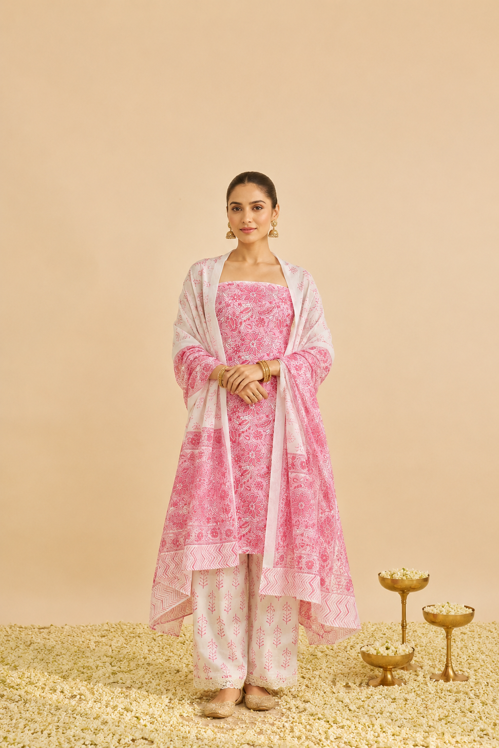 Rich cotton-printed designer suits paired with elegant chiffon dupatta.