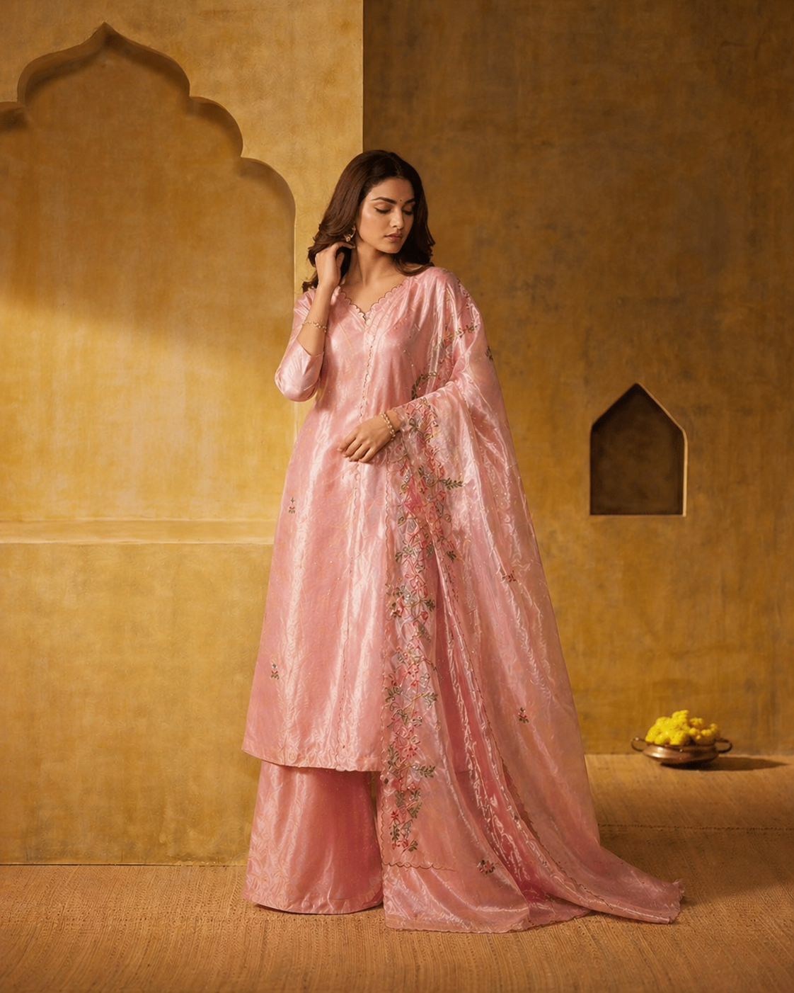 Pure organza unstitched suit.