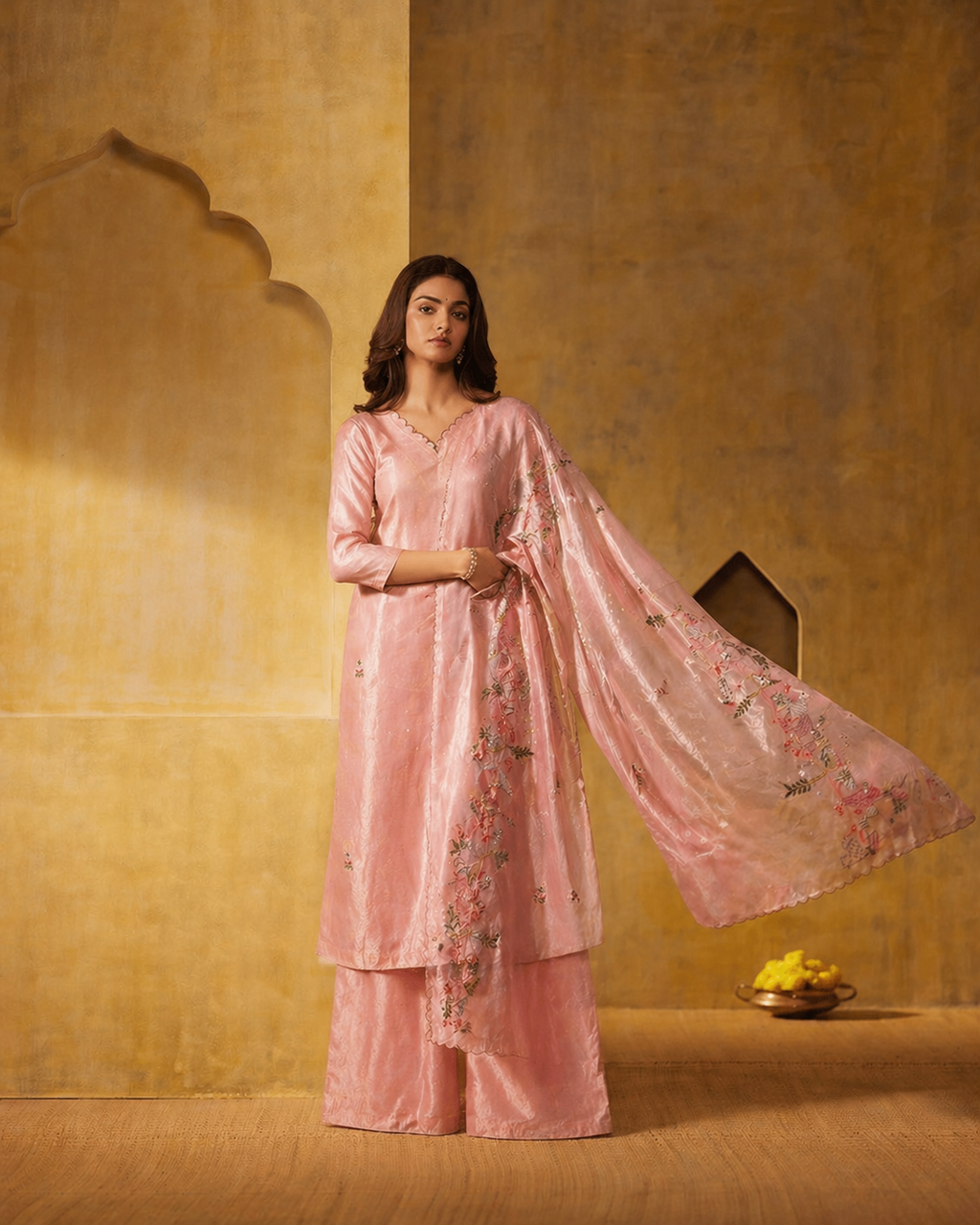 Pure organza unstitched suit.