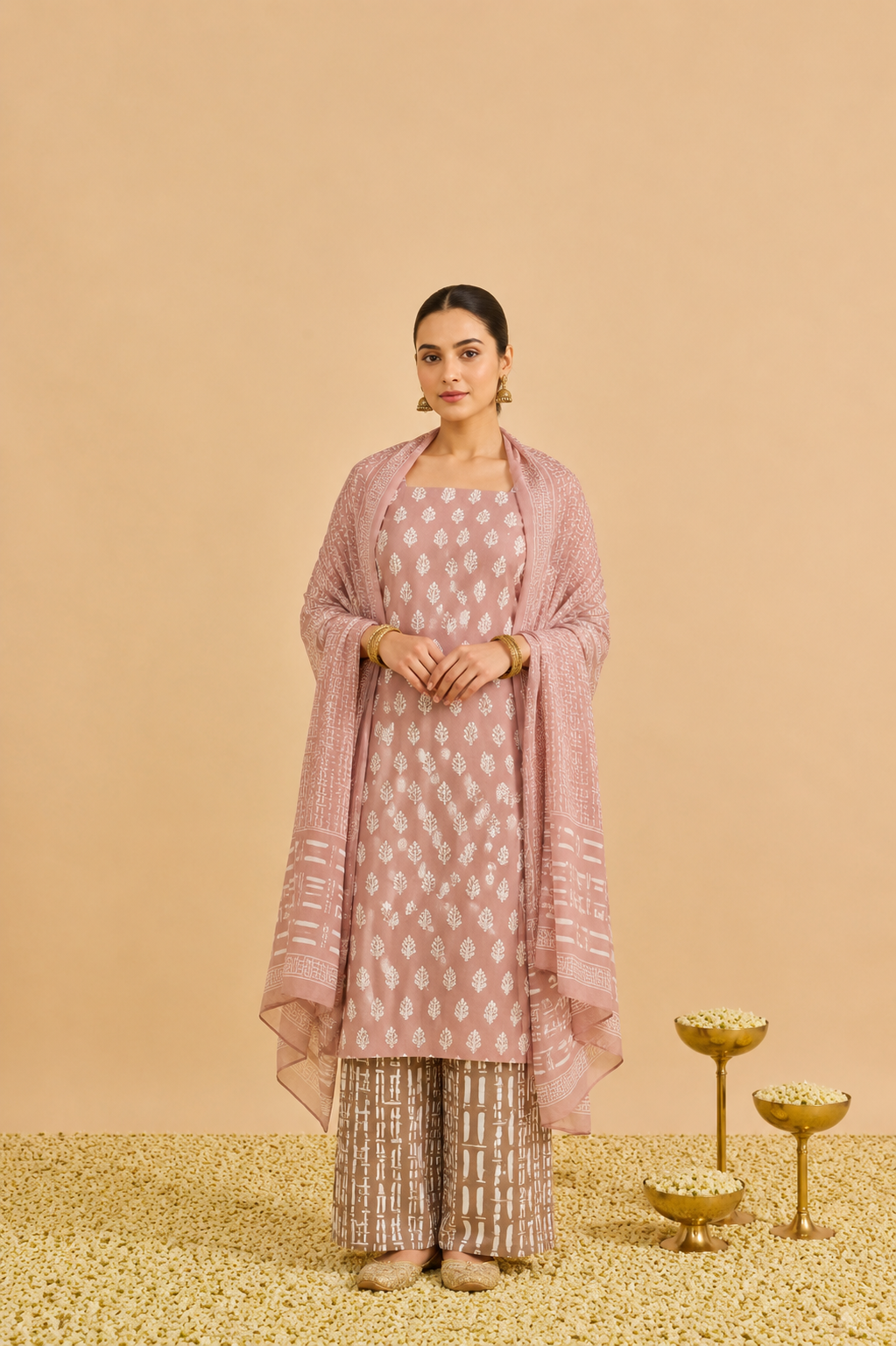 Rich cotton-printed designer suits paired with elegant chiffon dupatta.