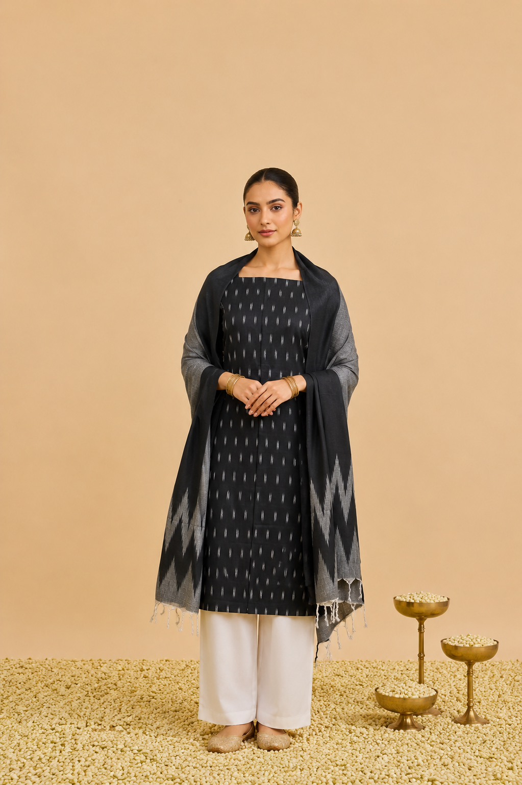 Rich cotton-printed designer suits paired with elegant chiffon dupatta.