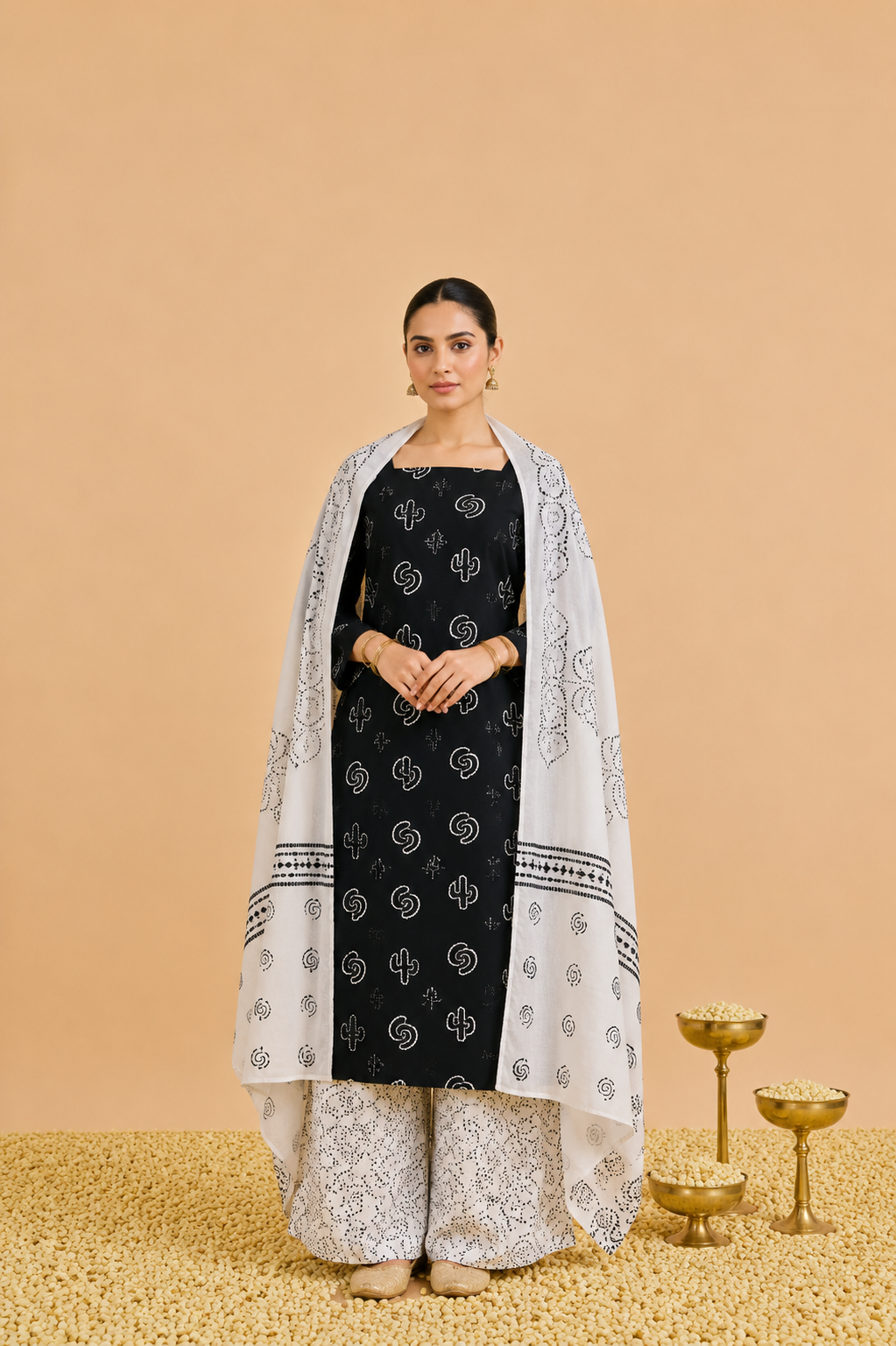 Rich cotton-printed designer suits paired with elegant chiffon dupatta.