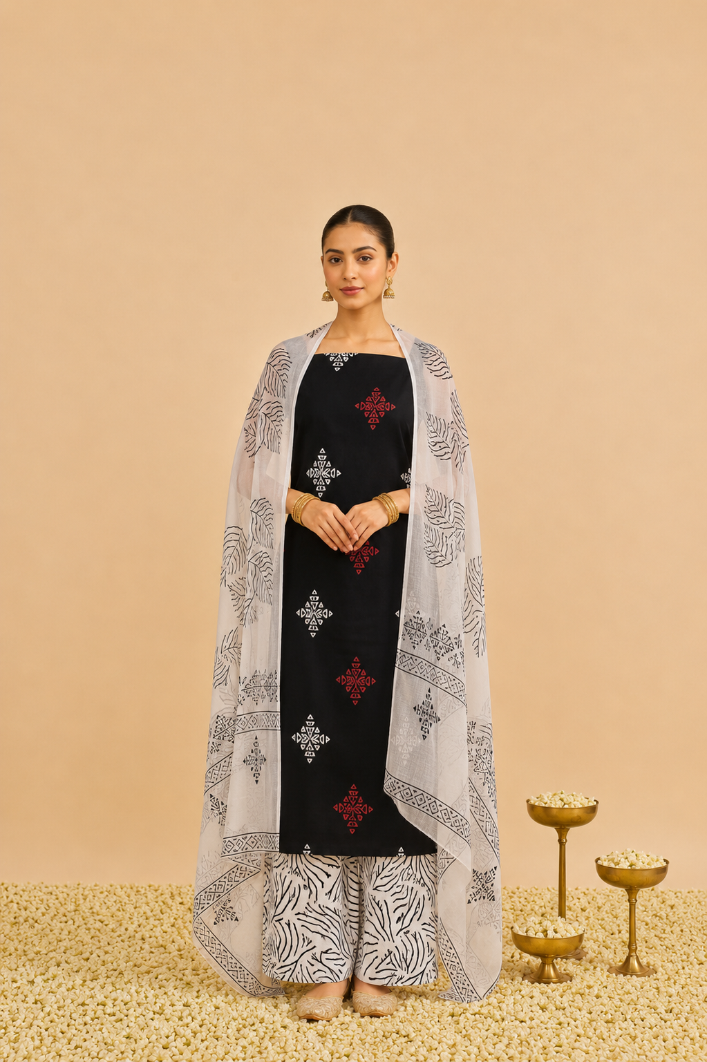 Rich cotton-printed designer suits paired with elegant chiffon dupatta.